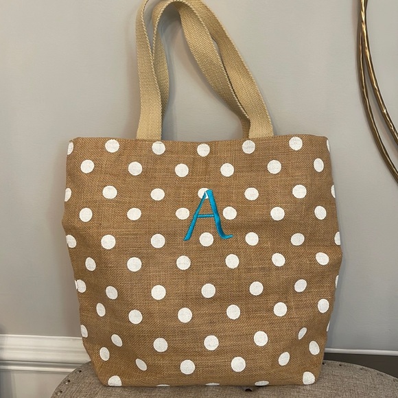 Burlap Initial A White Polka Dot Tote- Brand new - Picture 1 of 9